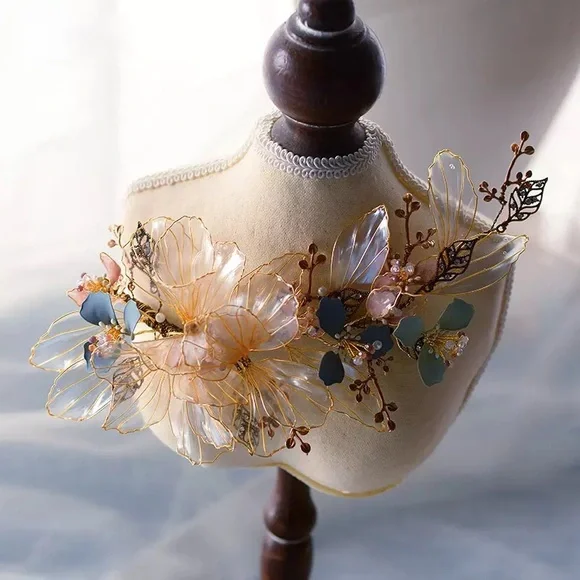Iris APFEL 1pcs Crystal Leaf Flower Bridal Barrette Hair Pins Crochet Flower Necklace, Beaded Long Lariat, Handmade Boho  main image 4
